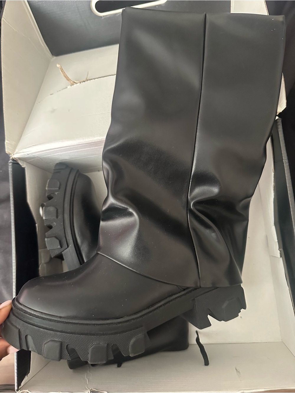 Fashion Nova Black Chunky Knee-High Lace-Up Boots